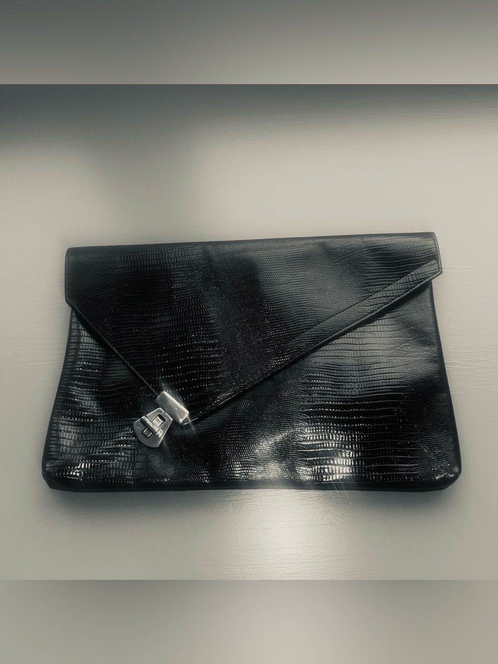 Vintage Asymmetric Clutch Purse hidden 28 inch thin strap. Embossed faux croc.